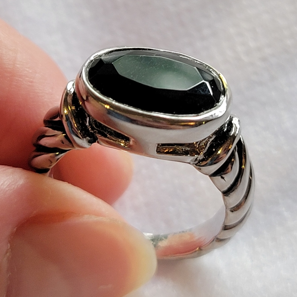Silver and Black Stone Ring With Braided Band